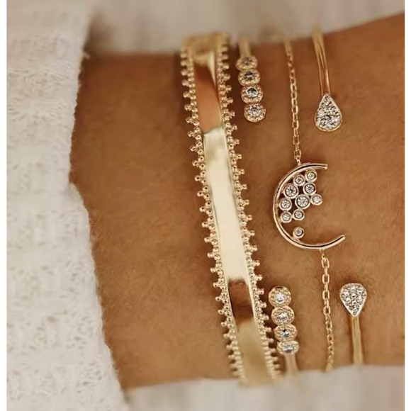Boutique Jewelry - NEW Gold Plated CZ Bracelet Set‎ - 4 Moon Boho Cuff Bangle Chain Jewelry